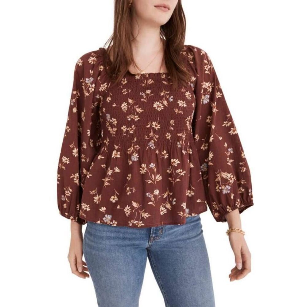 Madewell Blouse Top Womens 14 Brown Floral Long Sleeve Square Neck Casual Wear - Picture 1 of 10